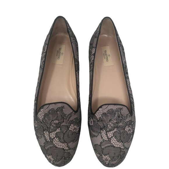Valentino Garavani Caviar Crystal Lace Smoking Slippers Loafers Flats Size 10 - Picture 4 of 13